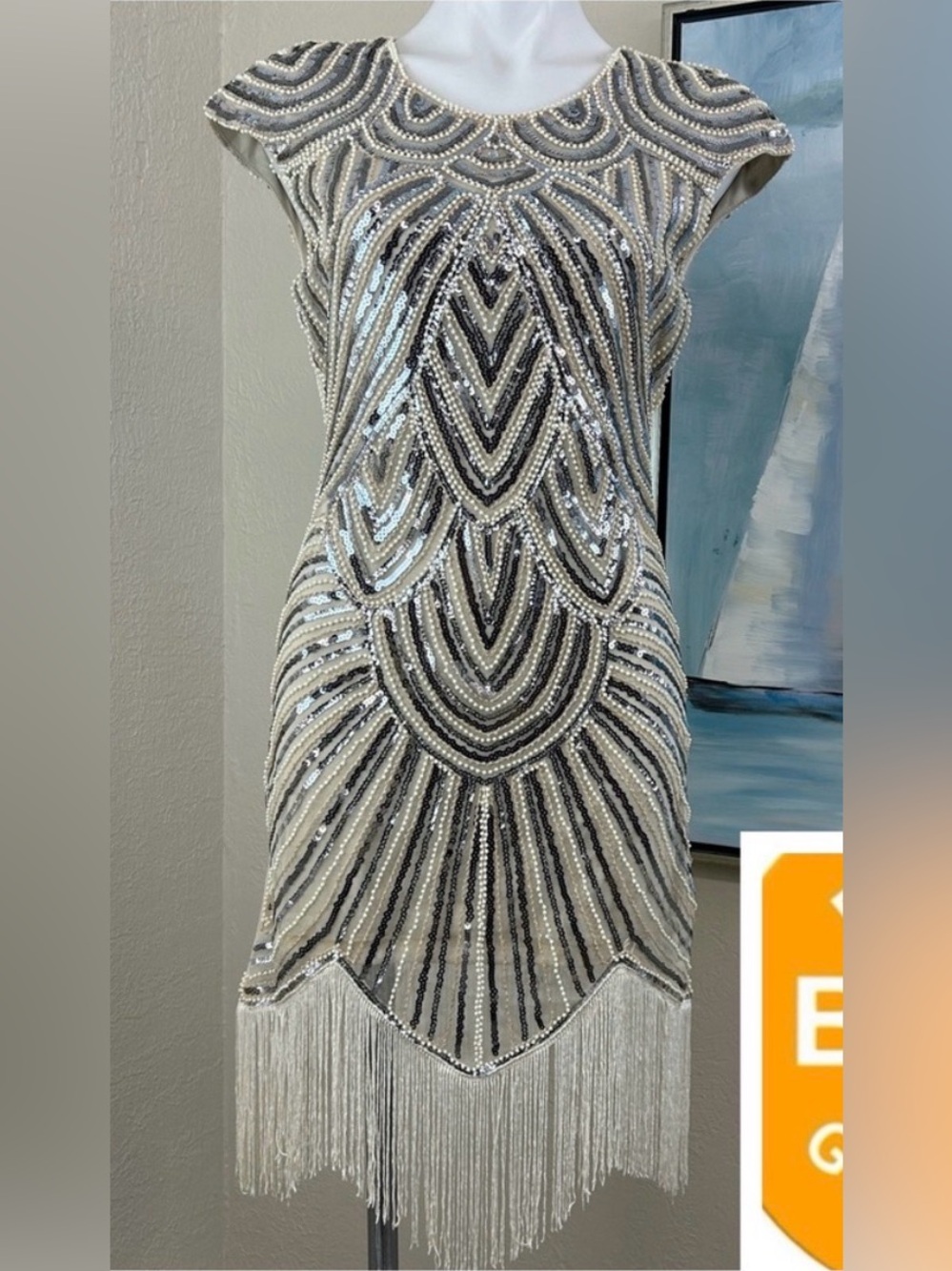 Beaded Fringe Midi Dress in Silver and Cream - Elegant Cocktail Dress